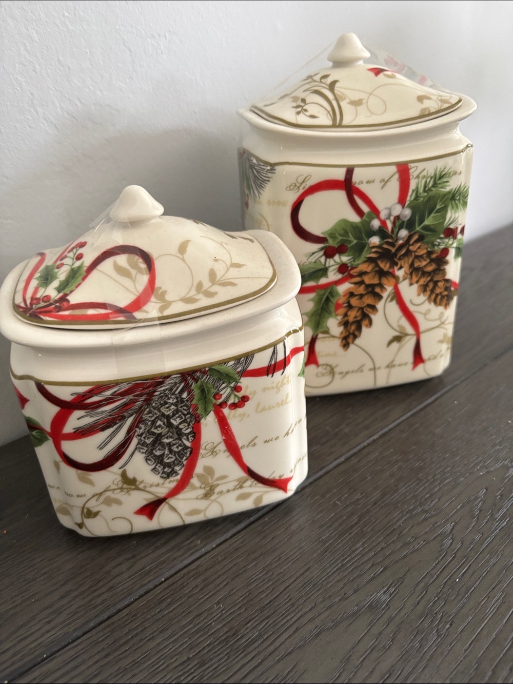 222 Fifth Holiday Wishes Christmas Canisters Set of 2 Pinecone Holly